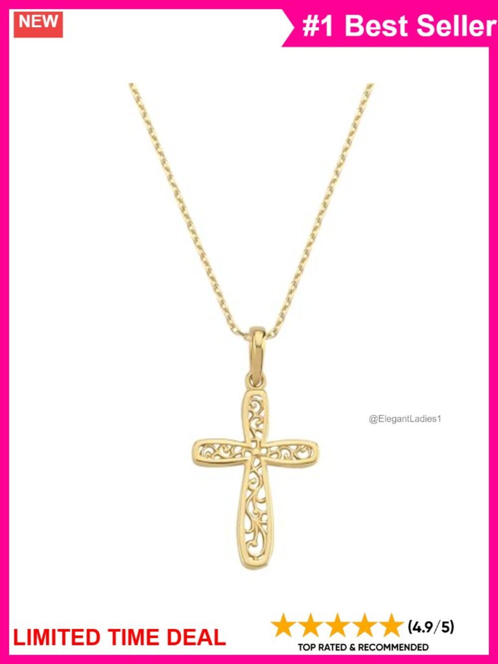 14K Gold Plated Cross Necklace Dainty Floral Pendant Adjustable